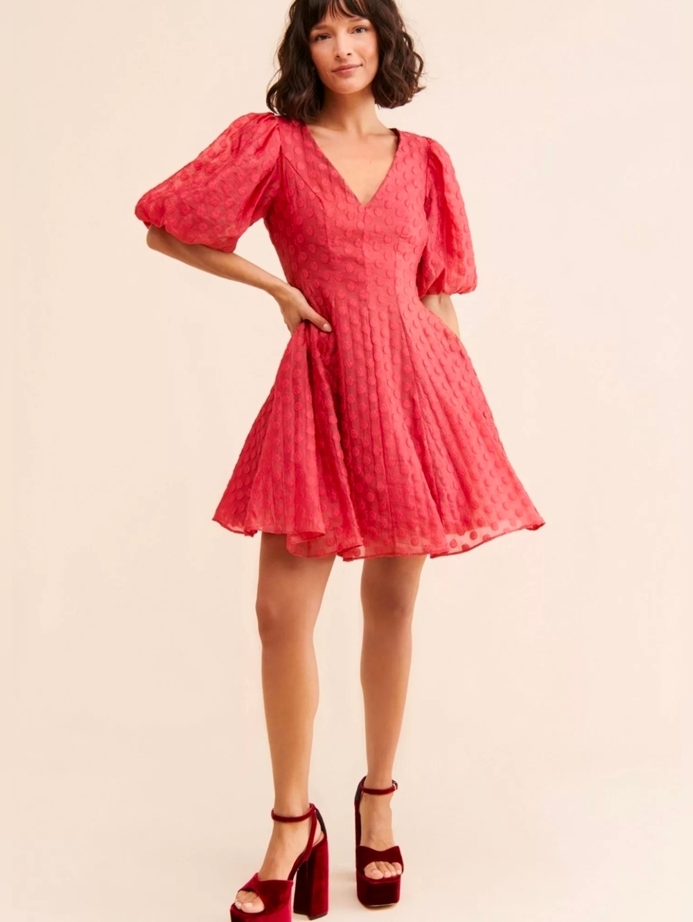 Rachel Parcell Organza Dot Dress | Size 6 | Coral Puff Sleeve Fit & Flare Mini